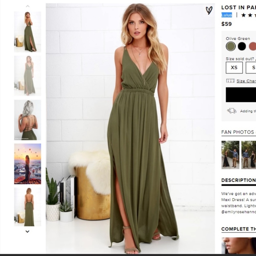 LULU’S LOST IN PARADISE OLIVE GREEN MAXI DRESS, XS
